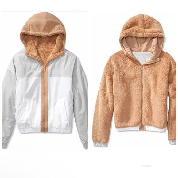 Pink Victoria's Secret Reversible Teddy Jacket Color Block Cream Gray Tan Size S - Picture 1 of 13